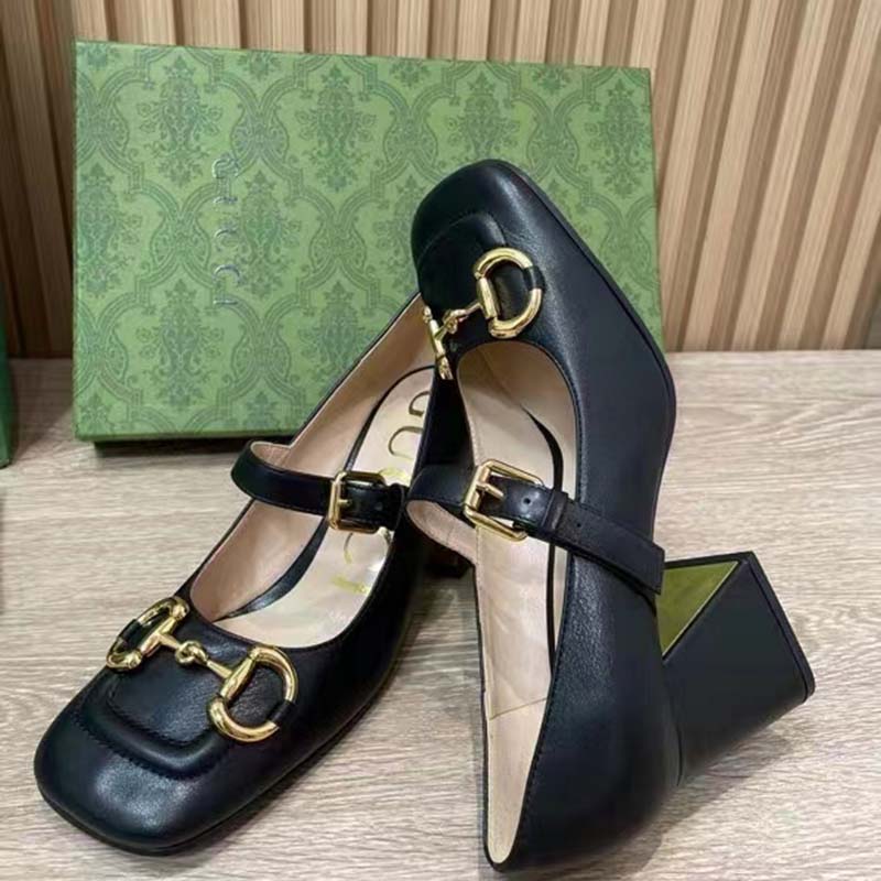 Gucci GG Women’s Mid-Heel Pump With Horsebit Black Leather