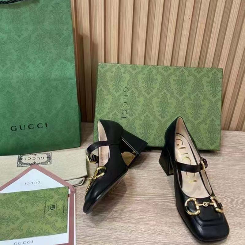Gucci GG Women’s Mid-Heel Pump With Horsebit Black Leather