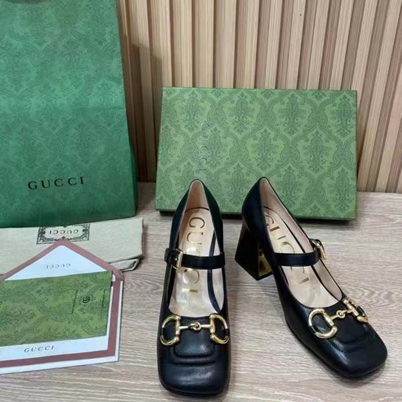 Gucci GG Women’s Mid-Heel Pump With Horsebit Black Leather