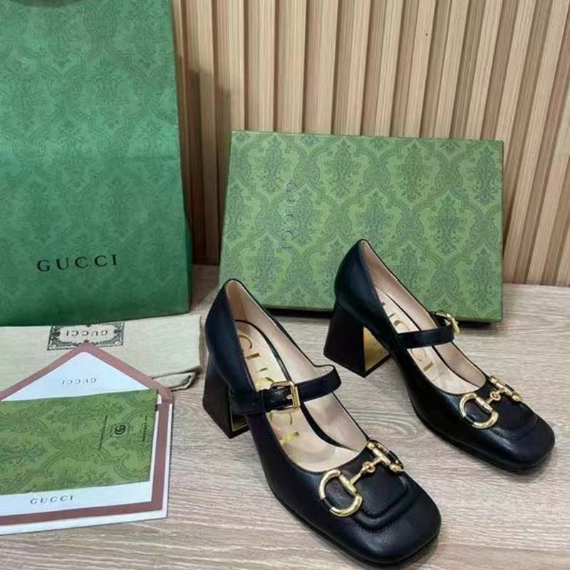 Gucci GG Women’s Mid-Heel Pump With Horsebit Black Leather