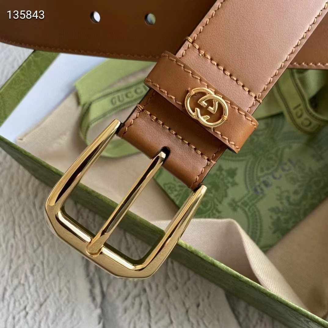Gucci Unisex GG Belt with Square Buckle and Interlocking G Brown 3.6 cm Width