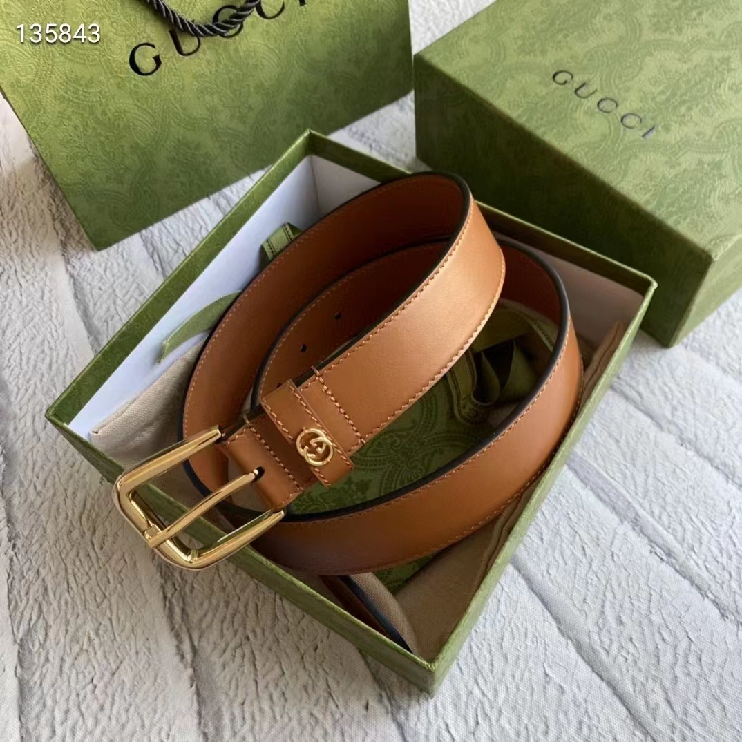 Gucci Unisex GG Belt with Square Buckle and Interlocking G Brown 3.6 cm Width