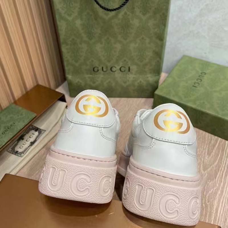 Gucci Unisex GG Embossed Sneaker White Leather Smooth Leather Lace Up Flat