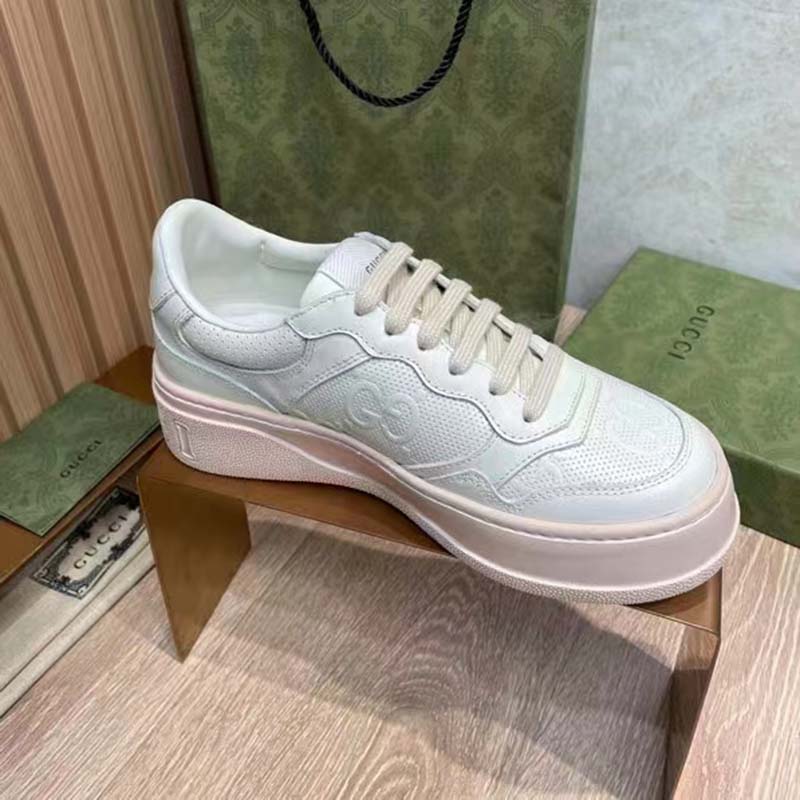 Gucci Unisex GG Embossed Sneaker White Leather Smooth Leather Lace Up Flat