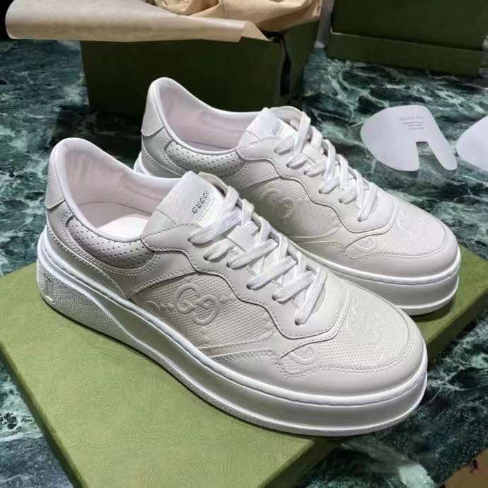 Gucci Unisex GG Embossed Sneaker White Smooth Leather Lace Up Flat