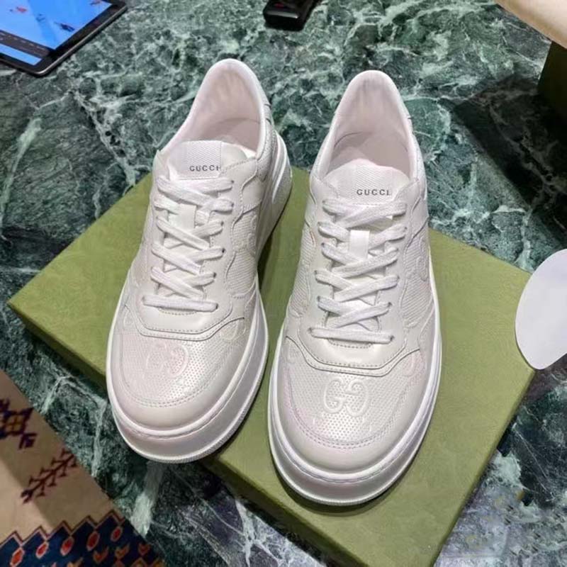 Gucci Unisex GG Embossed Sneaker White Smooth Leather Lace Up Flat