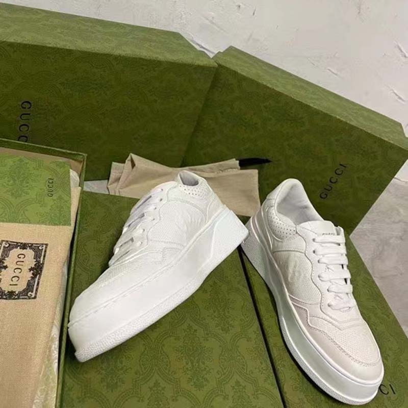 Gucci Unisex GG Embossed Sneaker White Smooth Leather Lace Up Flat