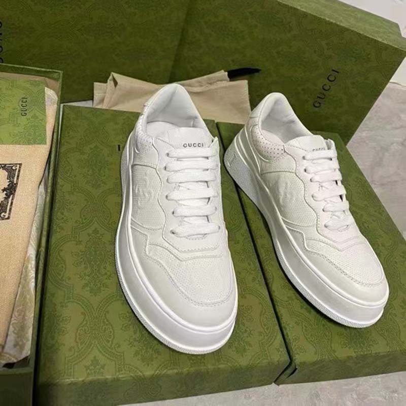 Gucci Unisex GG Embossed Sneaker White Smooth Leather Lace Up Flat