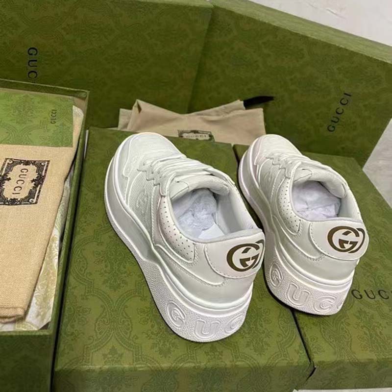 Gucci Unisex GG Embossed Sneaker White Smooth Leather Lace Up Flat