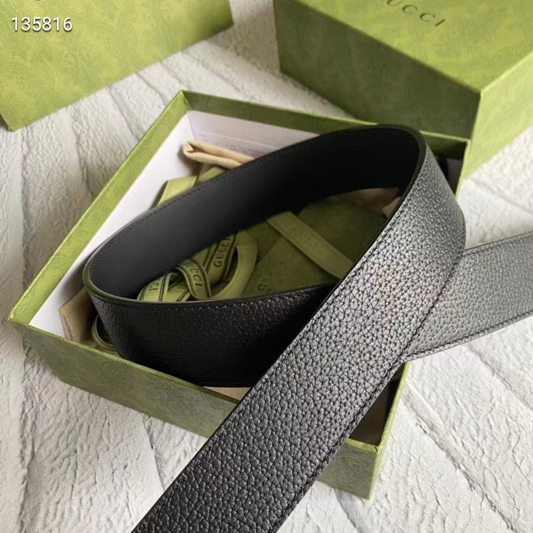 Gucci Unisex GG Leather Belt with Interlocking G Black Buckle 3.8 cm Width