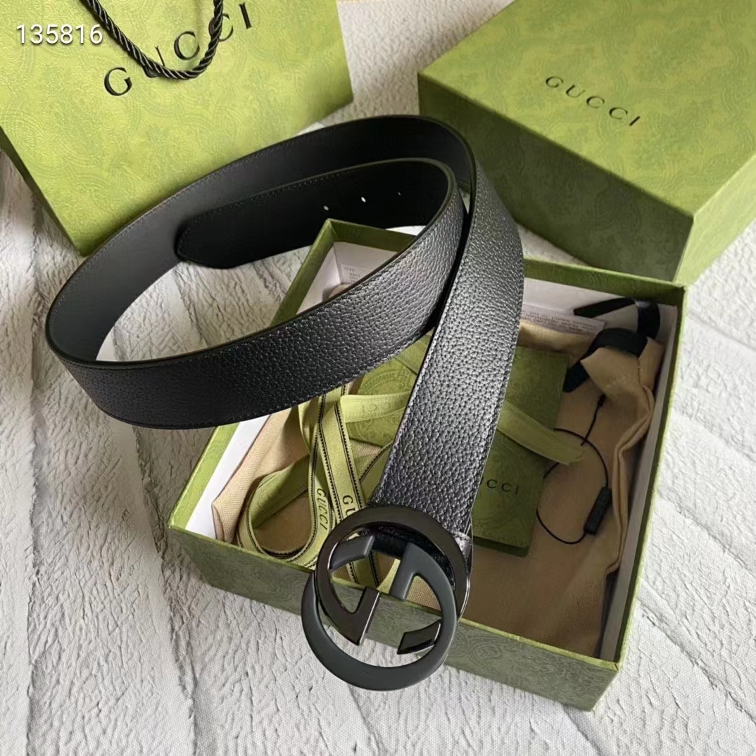 Gucci Unisex GG Leather Belt with Interlocking G Black Buckle 3.8 cm Width