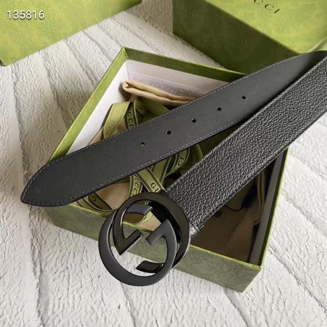 Gucci Unisex GG Leather Belt with Interlocking G Black Buckle 3.8 cm Width