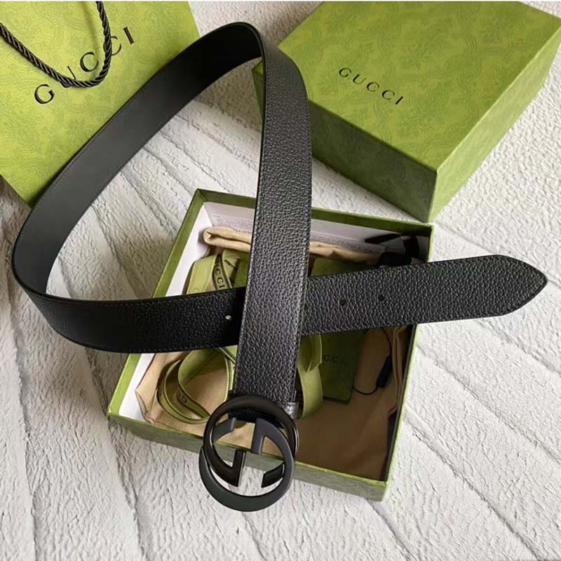 Gucci Unisex GG Leather Belt with Interlocking G Black Buckle 3.8 cm Width