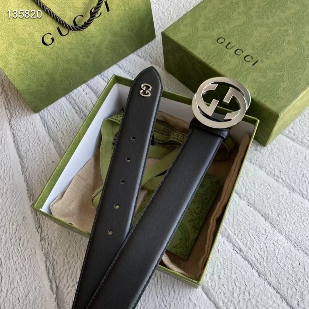 Gucci Unisex GG Leather Belt with Interlocking G Black 3.8 cm Width