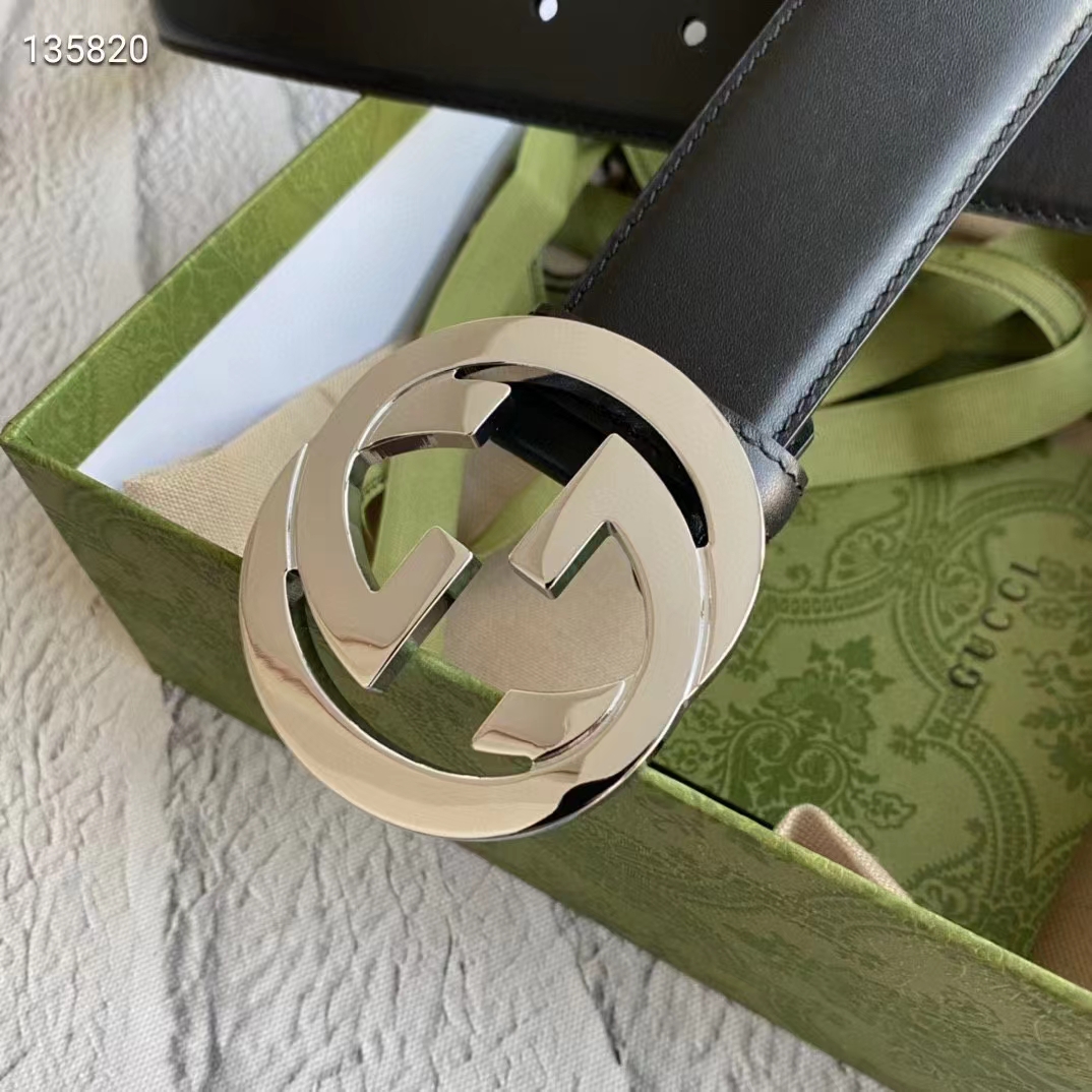 Gucci Unisex GG Leather Belt with Interlocking G Black 3.8 cm Width