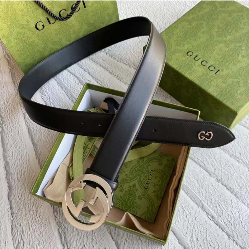 Gucci Unisex GG Leather Belt with Interlocking G Black 3.8 cm Width