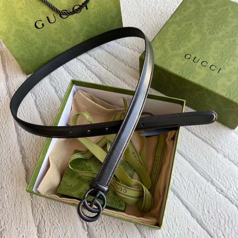 Gucci Unisex GG Marmont Thin Belt Black Leather Double G Buckle 2 cm Width