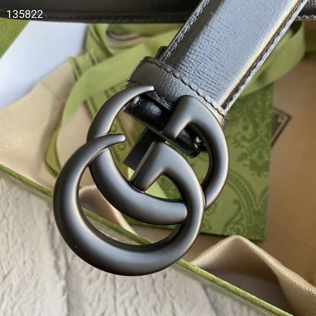 Gucci Unisex GG Marmont Thin Belt Black Leather Double G Buckle 2.5 cm Width