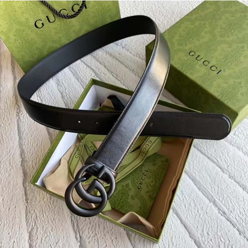 Gucci Unisex GG Marmont Thin Belt Black Leather Double G Buckle 2.5 cm Width