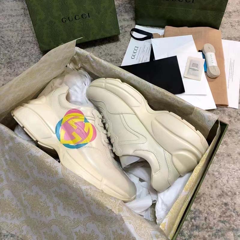 Gucci Unisex GG Rhyton Heart Sneaker Ivory Leather Interlocking G Low 5 cm Heel