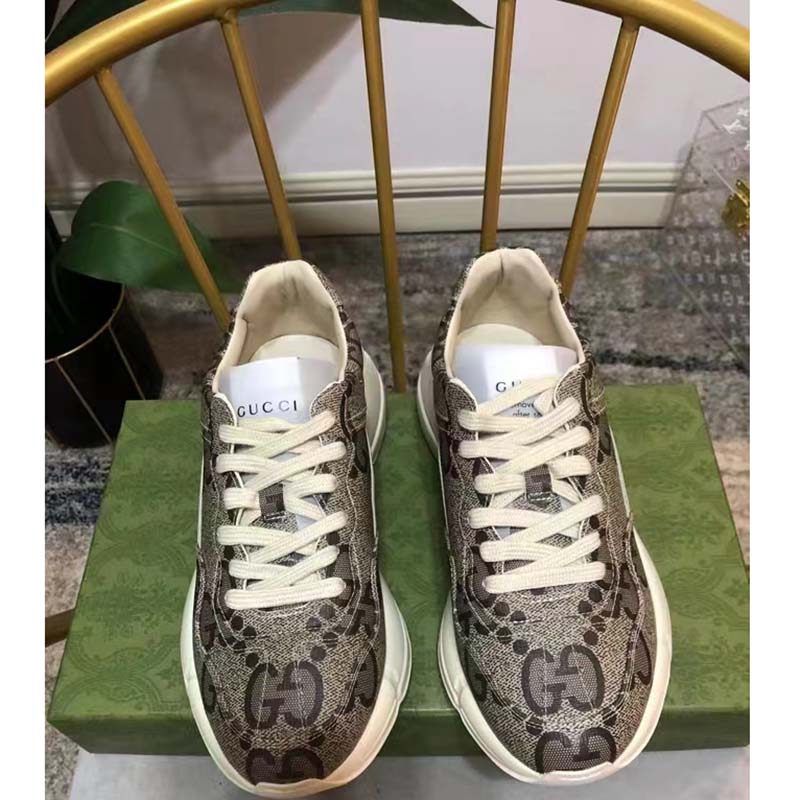Gucci Unisex GG Rhyton Sneaker Beige Ebony Maxi GG Supreme Canvas 4 cm Heel