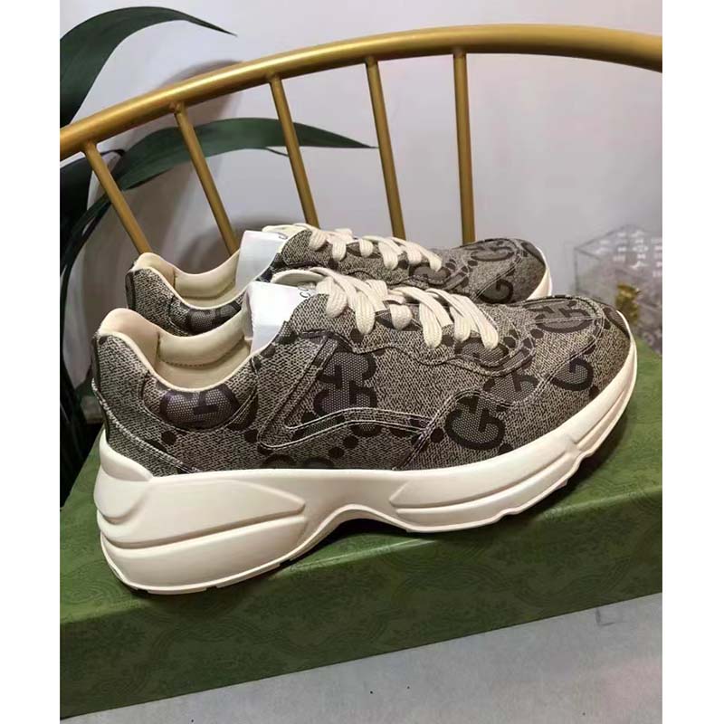 Gucci Unisex GG Rhyton Sneaker Beige Ebony Maxi GG Supreme Canvas 4 cm Heel