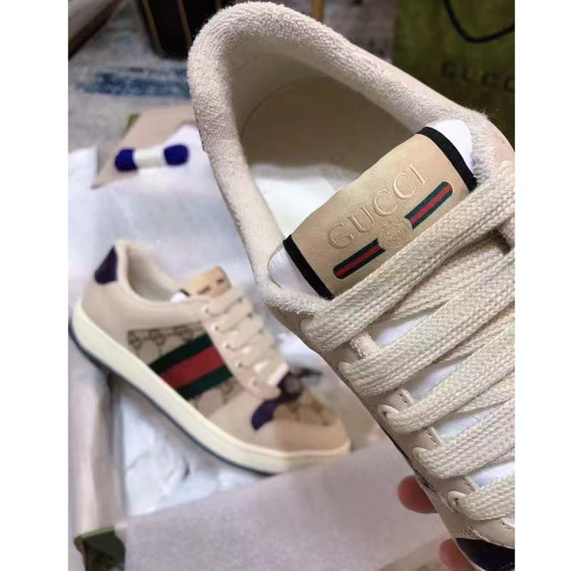 Gucci Unisex GG Screener Sneaker Beige Navy Leather Canvas Low 4 cm Heel