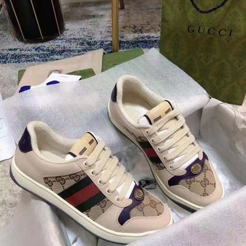 Gucci Unisex GG Screener Sneaker Beige Navy Leather Canvas Low 4 cm Heel