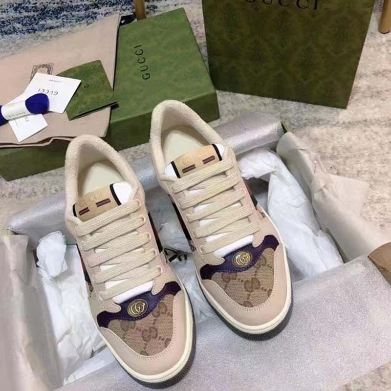 Gucci Unisex GG Screener Sneaker Beige Navy Leather Canvas Low 4 cm Heel