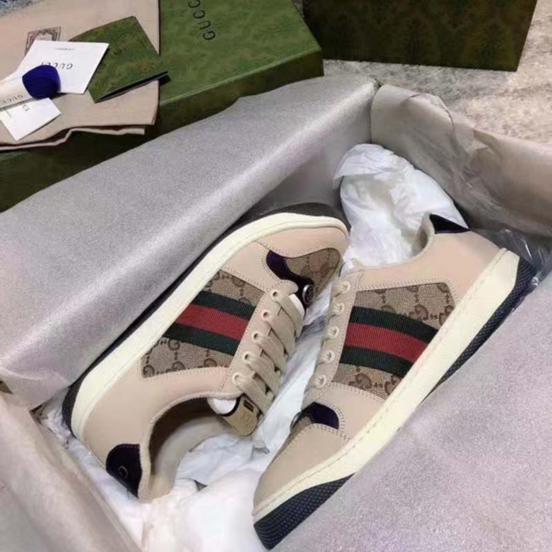 Gucci Unisex GG Screener Sneaker Beige Navy Leather Canvas Low 4 cm Heel