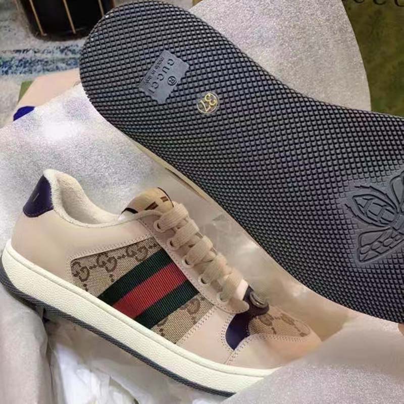 Gucci Unisex GG Screener Sneaker Beige Navy Leather Canvas Low 4 cm Heel