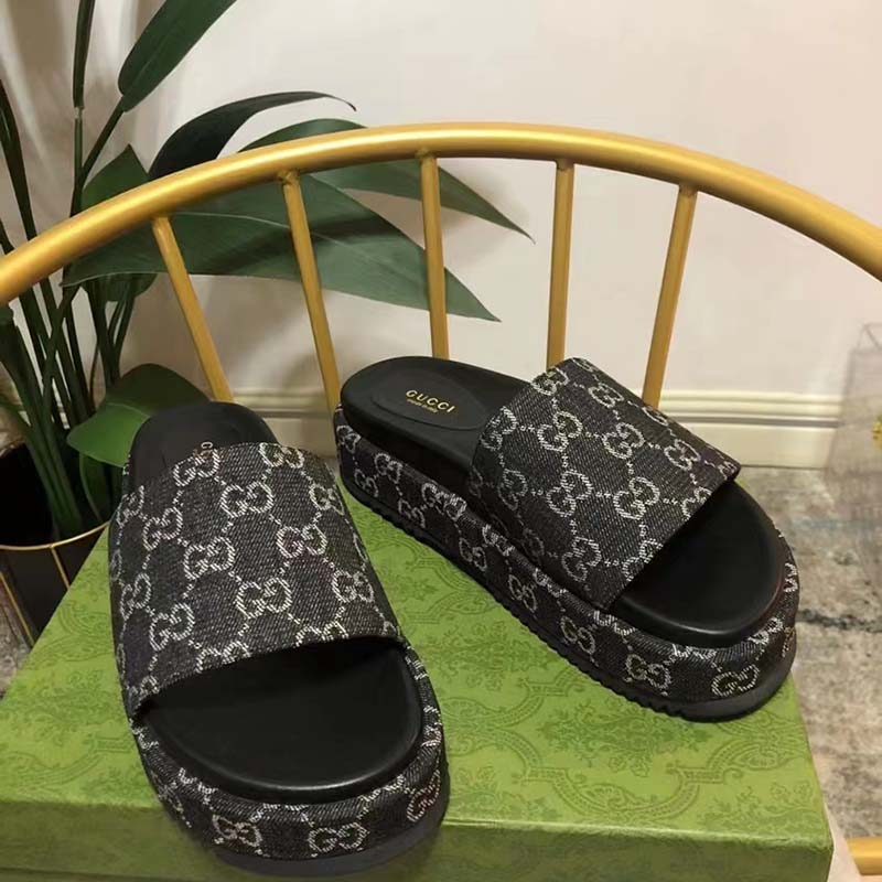 Gucci Unisex Platform Slide Sandal Black Ivory GG Denim Mid 5.6 cm Heel