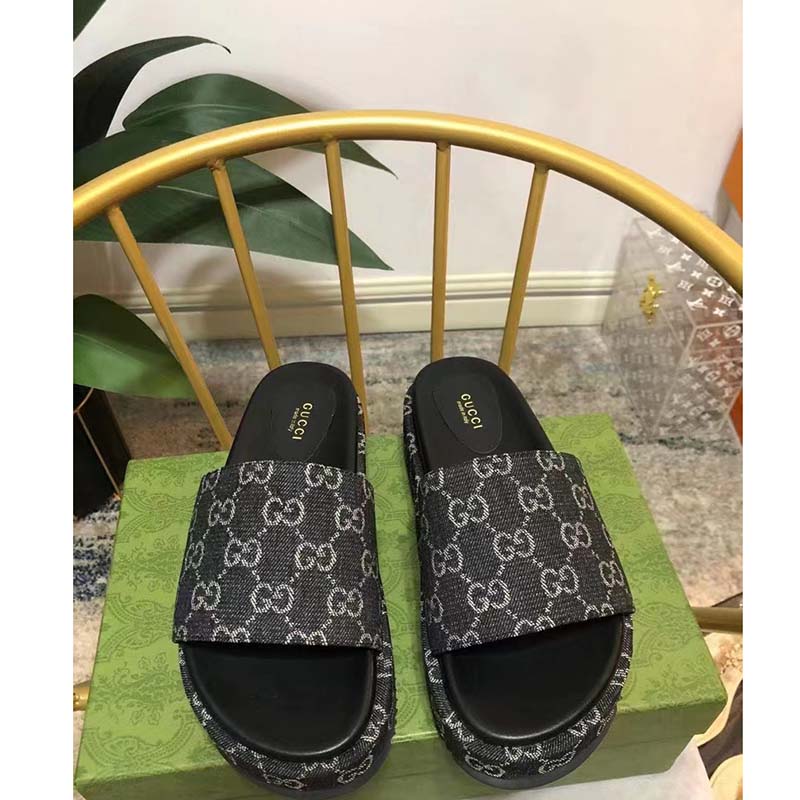 Gucci Unisex Platform Slide Sandal Black Ivory GG Denim Mid 5.6 cm Heel