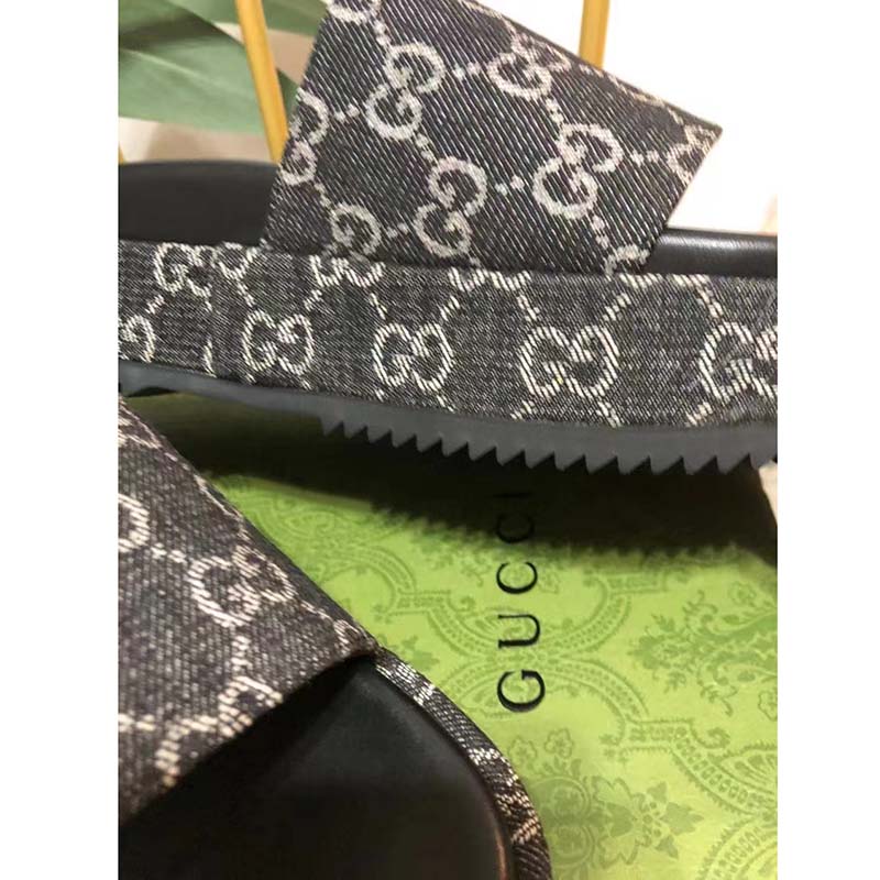 Gucci Unisex Platform Slide Sandal Black Ivory GG Denim Mid 5.6 cm Heel