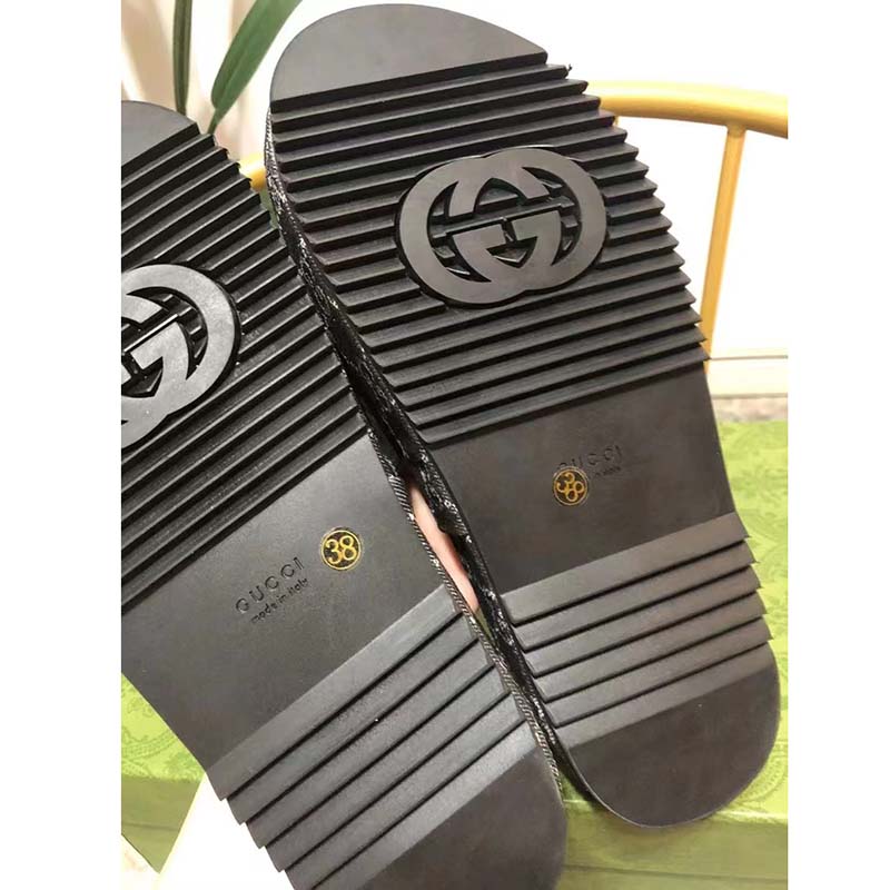 Gucci Unisex Platform Slide Sandal Black Ivory GG Denim Mid 5.6 cm Heel