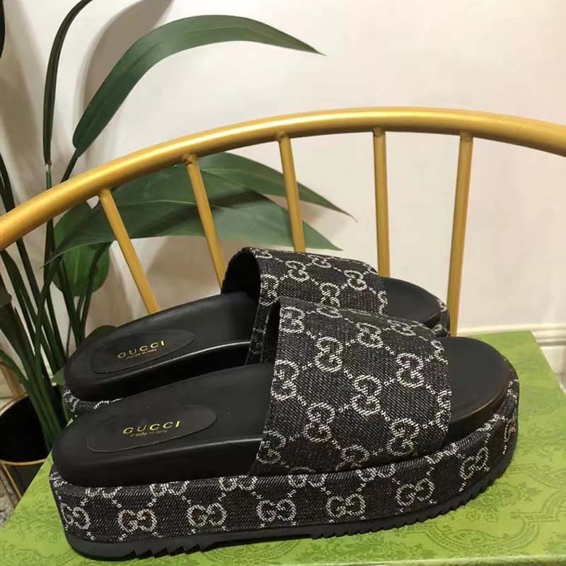 Gucci Unisex Platform Slide Sandal Black Ivory GG Denim Mid 5.6 cm Heel