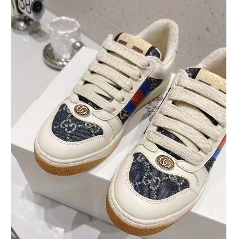 Gucci Unisex Screener GG Sneaker Blue Ivory Web Cream Scrap Less Leather