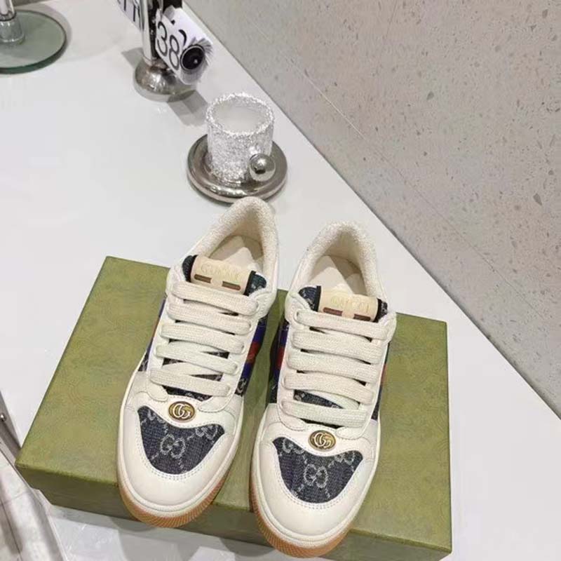 Gucci Unisex Screener GG Sneaker Blue Ivory Web Cream Scrap Less Leather
