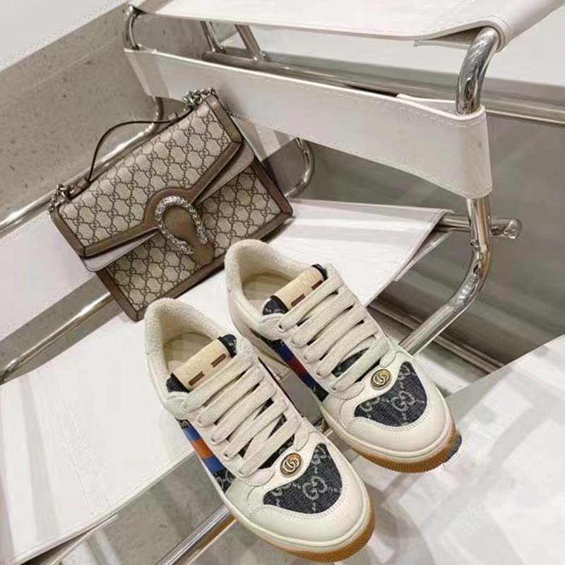 Gucci Unisex Screener GG Sneaker Blue Ivory Web Cream Scrap Less Leather