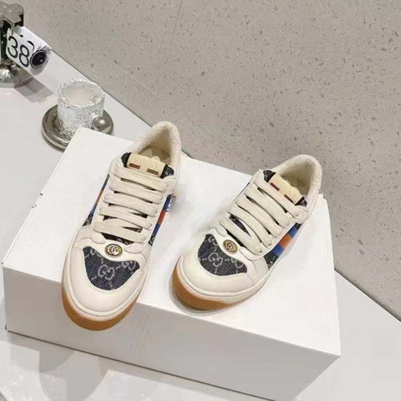 Gucci Unisex Screener GG Sneaker Blue Ivory Web Cream Scrap Less Leather