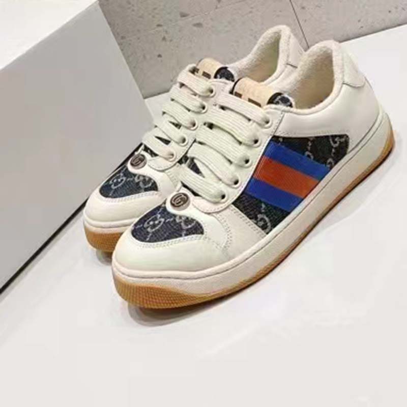 Gucci Unisex Screener GG Sneaker Blue Ivory Web Cream Scrap Less Leather
