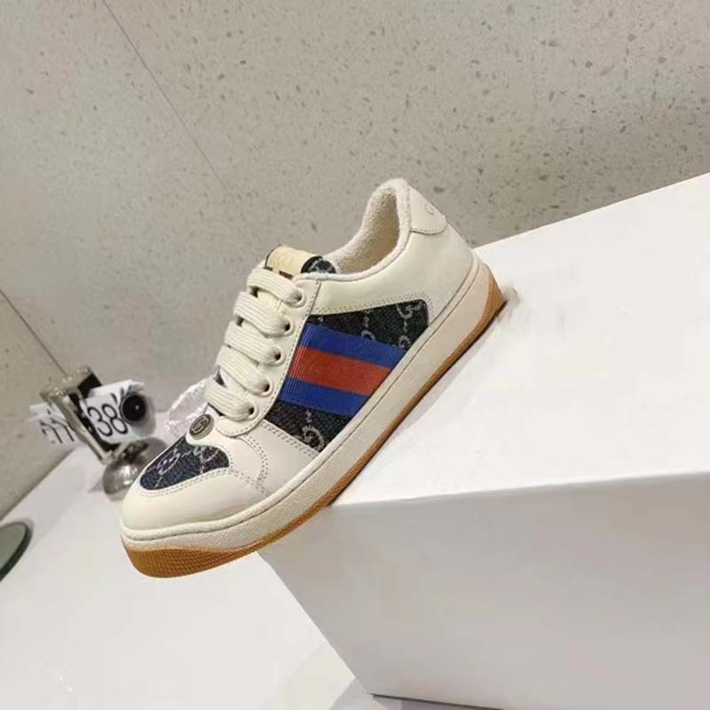 Gucci Unisex Screener GG Sneaker Blue Ivory Web Cream Scrap Less Leather