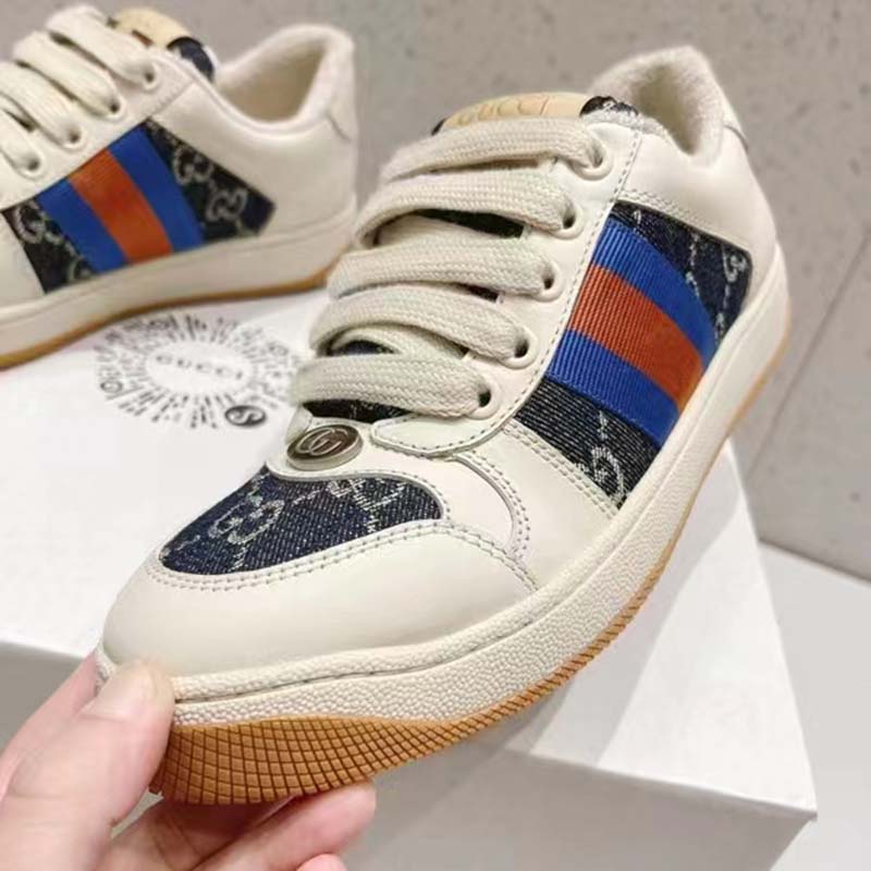 Gucci Unisex Screener GG Sneaker Blue Ivory Web Cream Scrap Less Leather