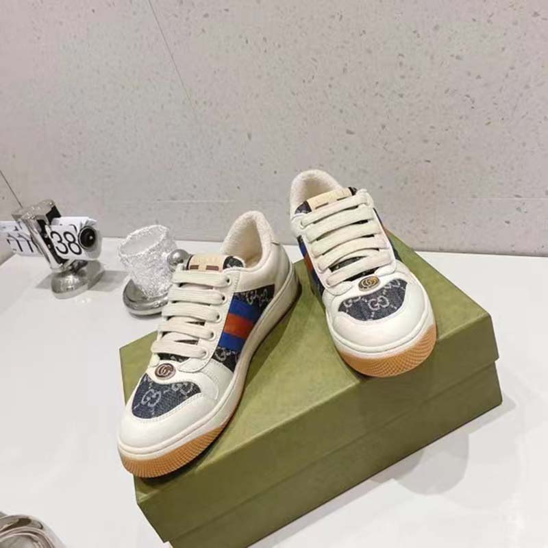 Gucci Unisex Screener GG Sneaker Blue Ivory Web Cream Scrap Less Leather