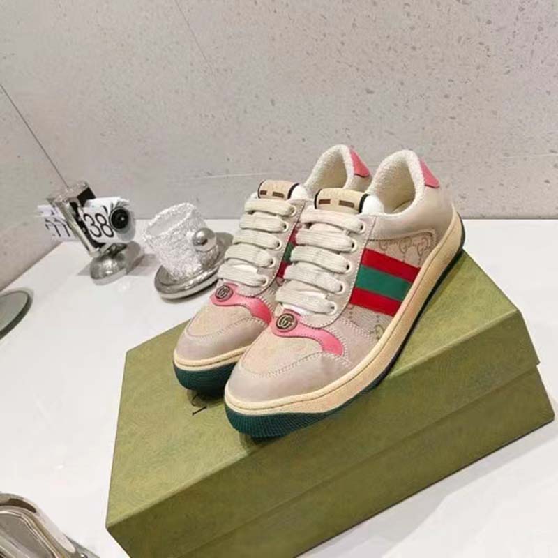 Gucci Unisex Screener Leather Sneaker GG Canvas Green Orange Web 3cm Heel