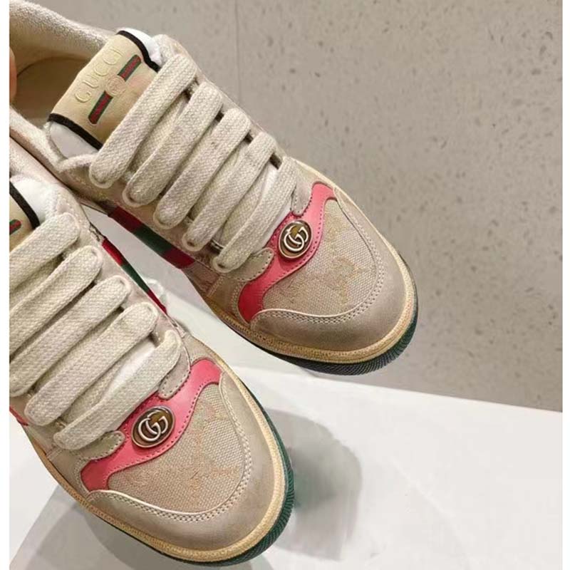 Gucci Unisex Screener Leather Sneaker GG Canvas Green Orange Web 3cm Heel