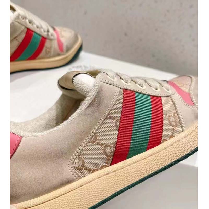 Gucci Unisex Screener Leather Sneaker GG Canvas Green Orange Web 3cm Heel