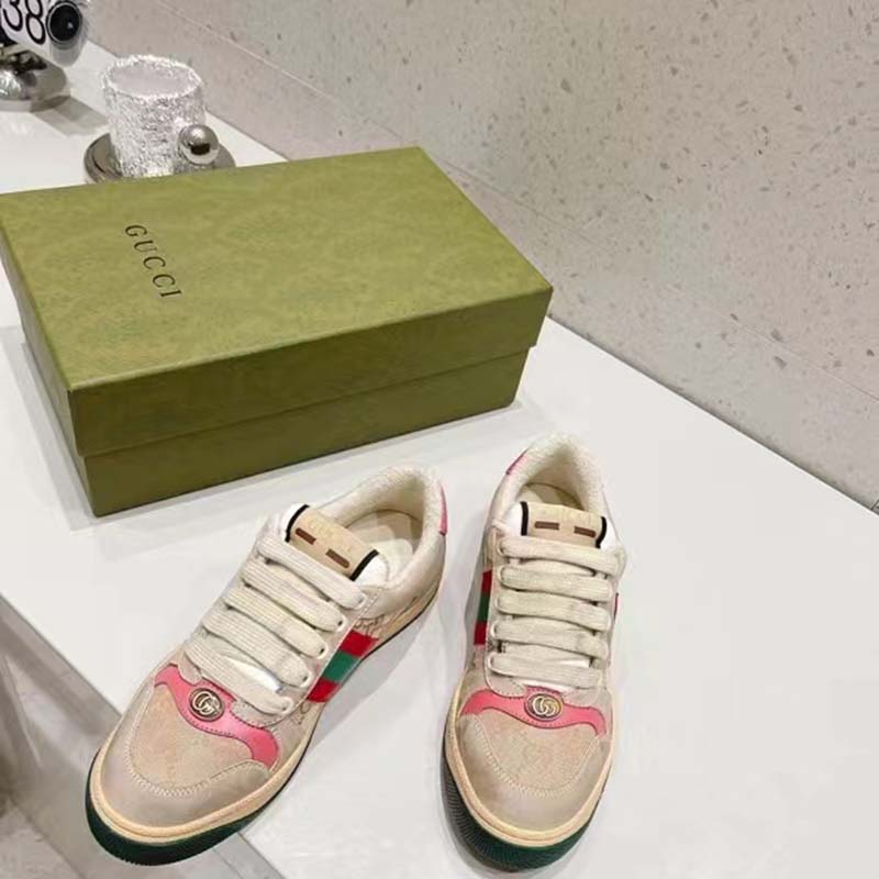 Gucci Unisex Screener Leather Sneaker GG Canvas Green Orange Web 3cm Heel