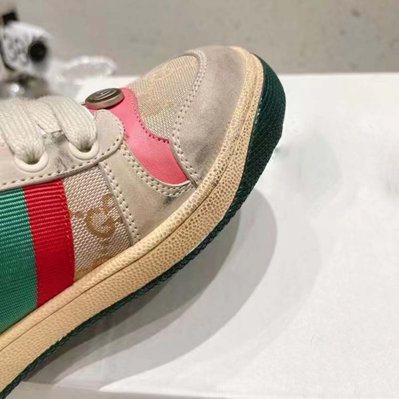 Gucci Unisex Screener Leather Sneaker GG Canvas Green Orange Web 3cm Heel