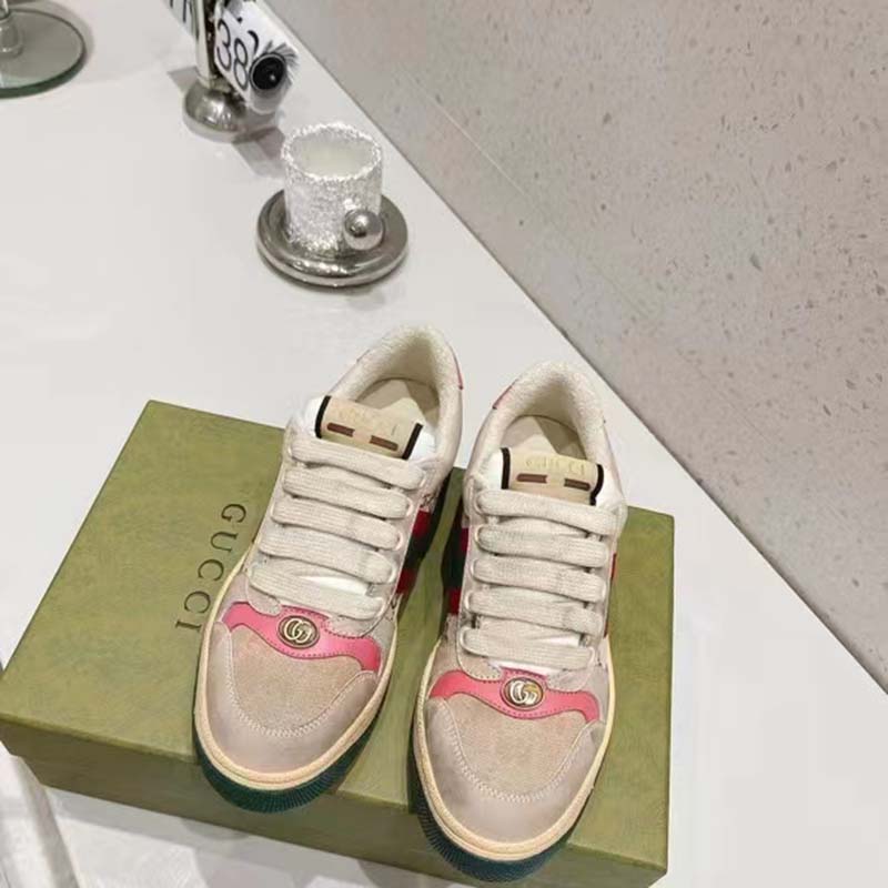 Gucci Unisex Screener Leather Sneaker GG Canvas Green Orange Web 3cm Heel
